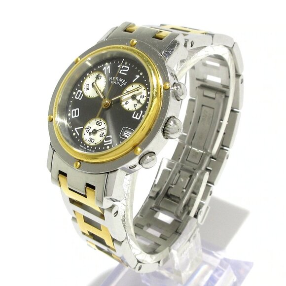 Auth HERMES Clipper Chronograph CL1.320 1****** Silver Gold Unisex Wrist Watch - Picture 2 of 12